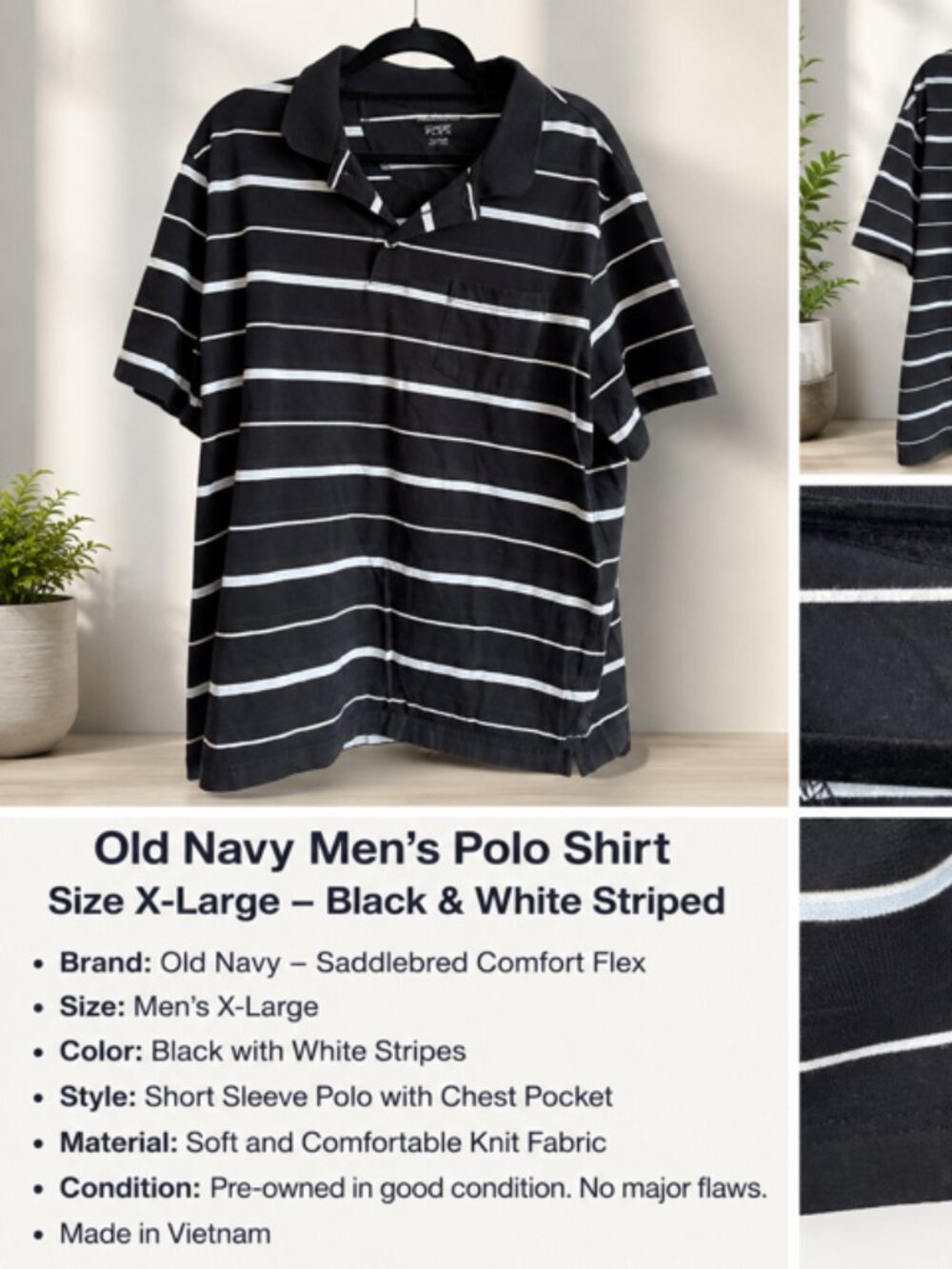 Saddlebred Comfort Flex Men’s Polo Shirt | Size XL | Black Gray Striped | Chest